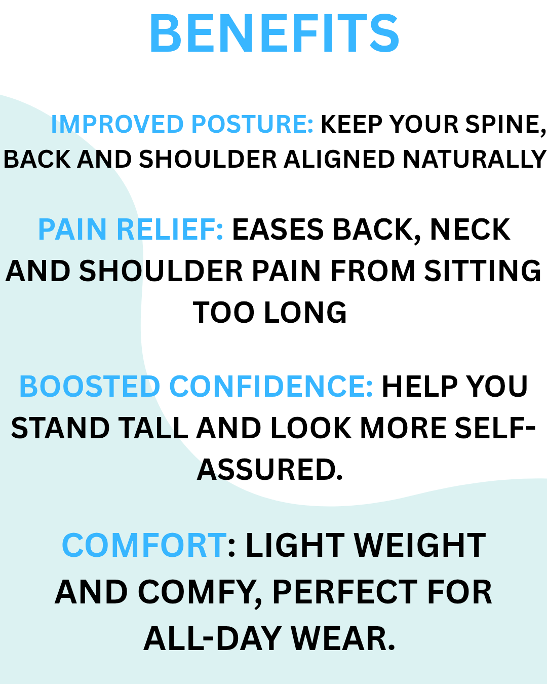 List of benefits on a white background with blue text